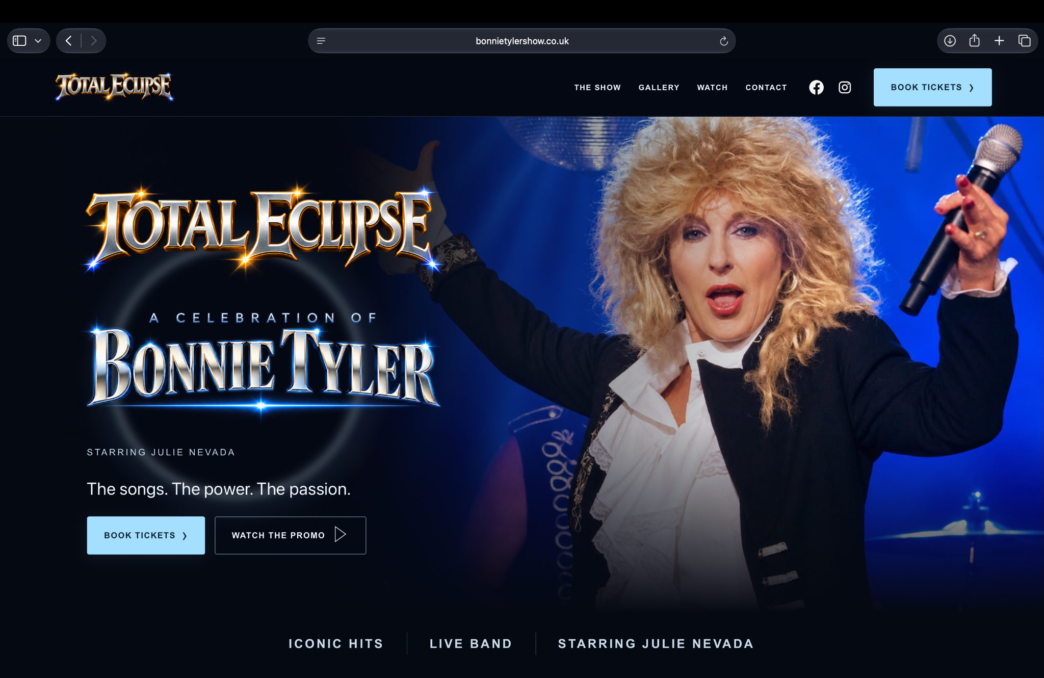 Bonnie Tyler Tribute website with Total Eclipse branding and blue stage imagery